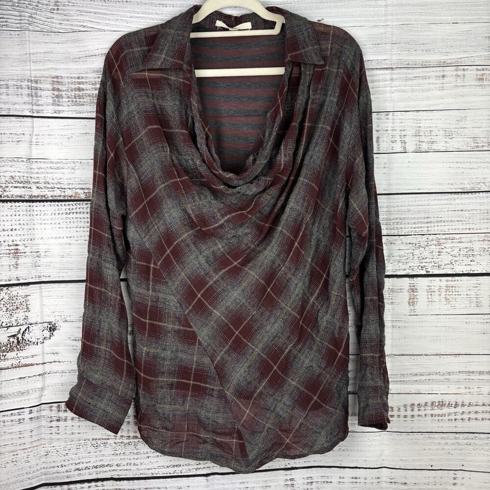 Burning Torch Womens Sz M Red‎ Gray Tartan Plaid Cowl Neck Top Tunic Wool Blend
